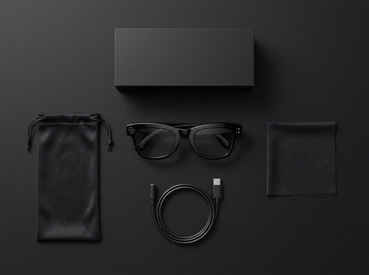 Everything in the box: the glasses, a pouch, a cleaning cloth and a magnetic USB-C cable