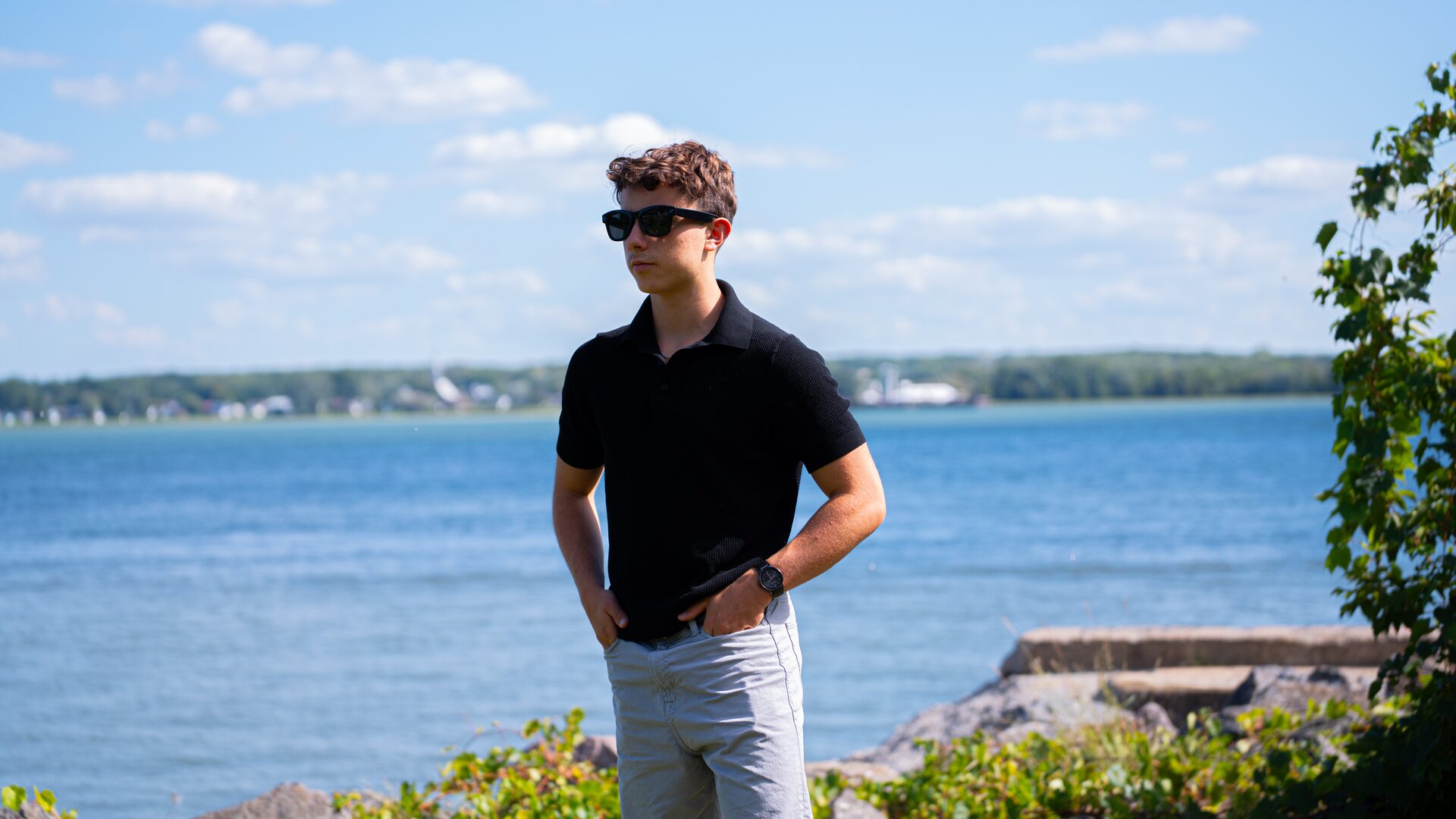 Wearing Relay One at the water's edge on a clear day.