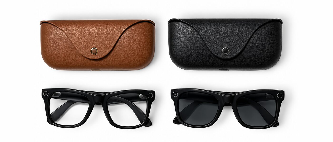 Relay One from above: clear lenses under the brown case, sun lenses under the black case.